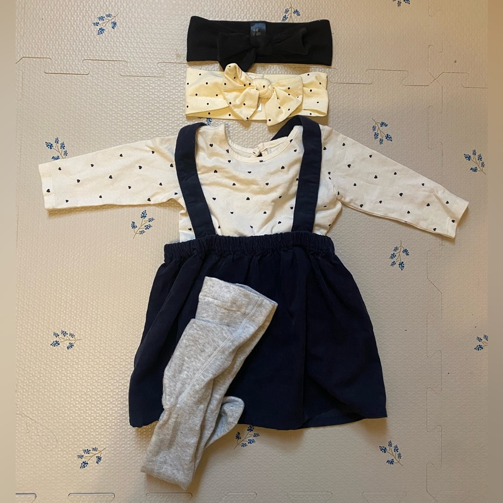 H&M Polka Dot Top with Navy Skirt and Hair Accessories (set of 5)